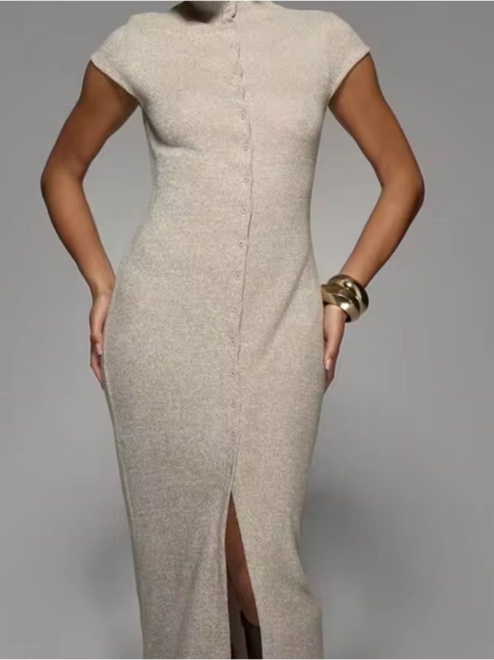 Cream Slim Knit Cap-Sleeve Maxi Dress